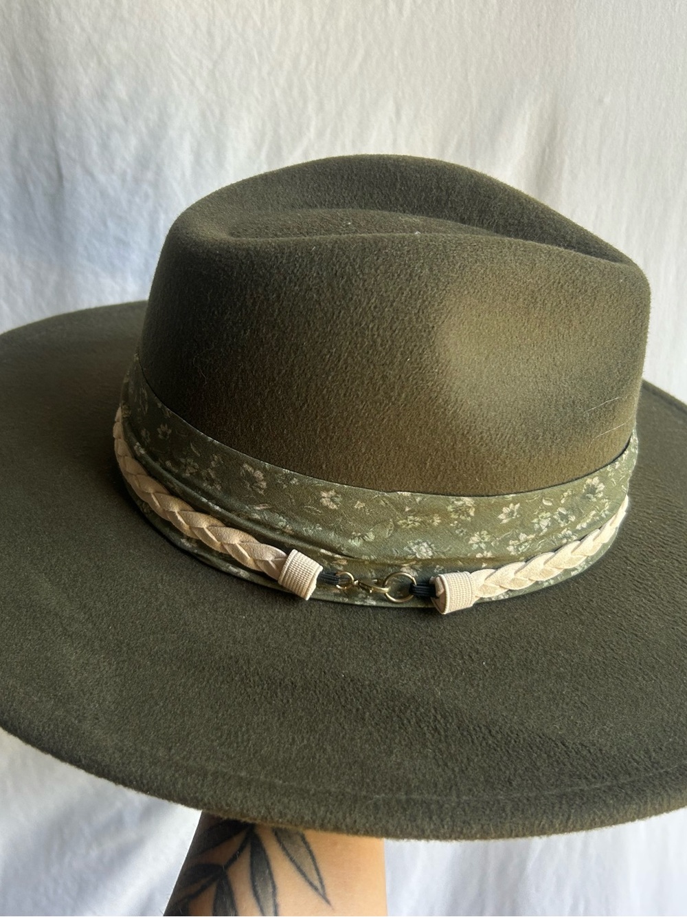 Green western boho Hat with Braided Trim